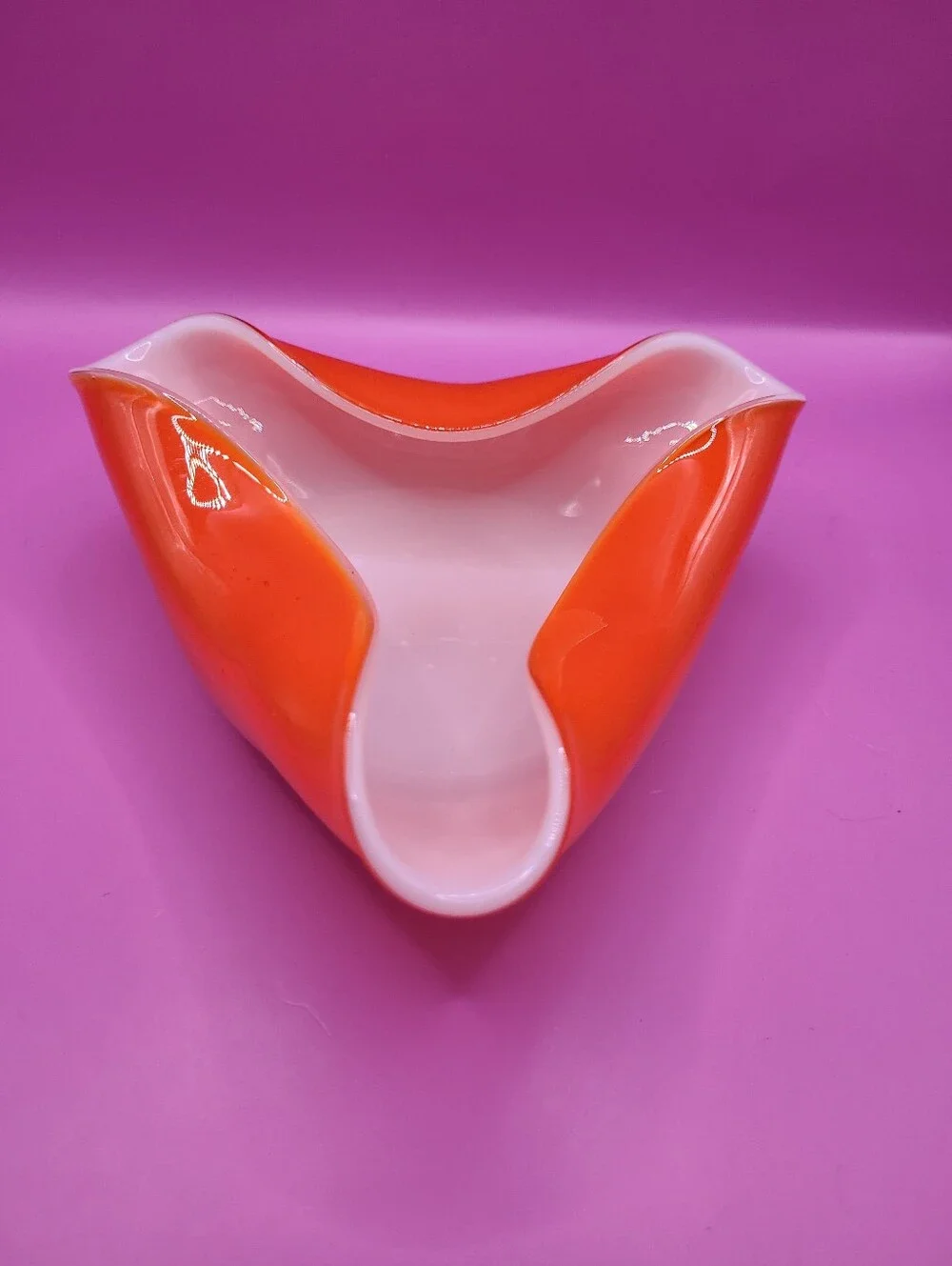MCM Vintage Japan Wales Orange Cased Glass Tri Fold Bowl Biomorphic Mid Century